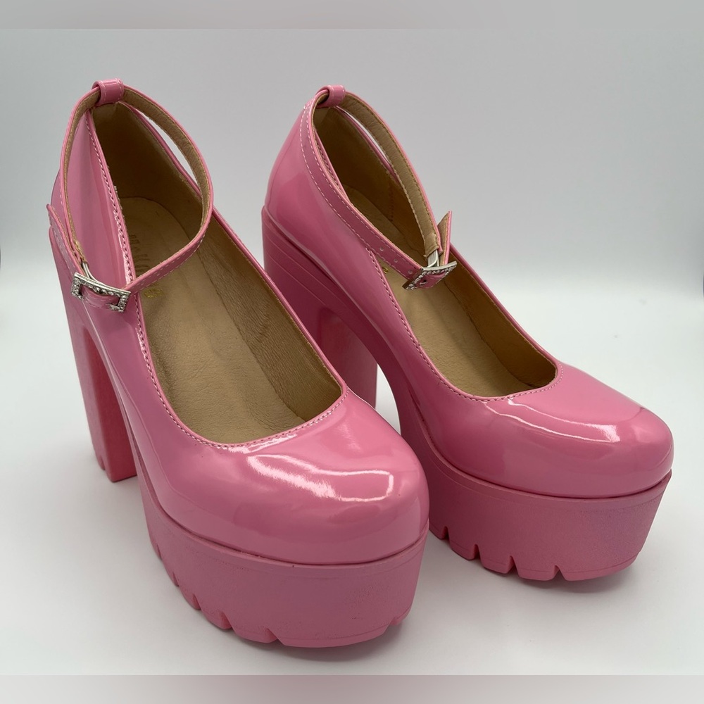 MCKOINE Platform Mary Jane Heels in Pink Patent